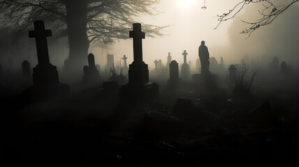 fog and horror in the cemetery. - obrazy, fototapety, plakaty