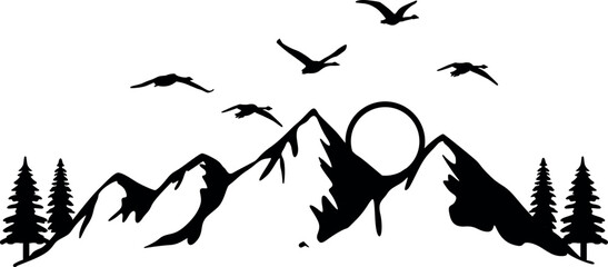 Mountain Birds Forest SVG Cut File for Cricut and Silhouette, EPS Vector, PNG , JPEG , Zip Folder