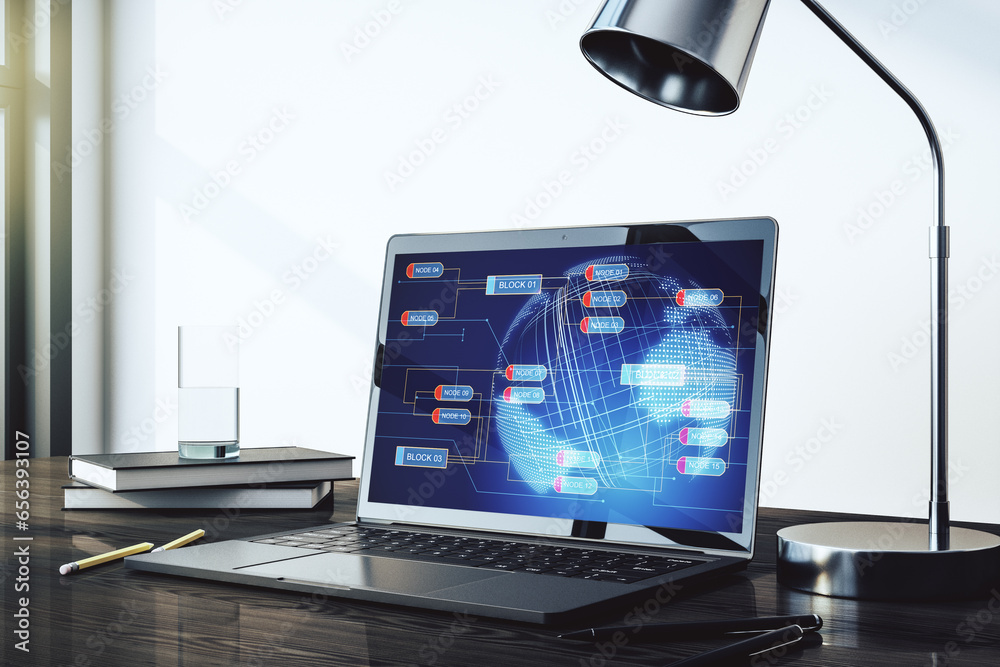 Fototapete Abstract creative coding concept with world map on modern laptop screen. 3D Rendering