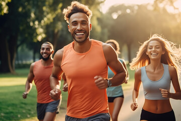 Running exercise fitness friends walking running talking together on fun race in city park panoramic banner background. Healthy active lifestyle, young people,