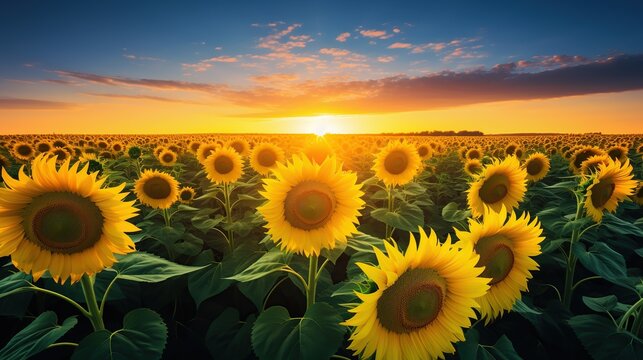 view of sunflower field Sky background at sunset with dark natural scenery
