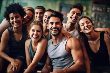 Fitness, laughing and friends at the gym for training, pilates class and happy for exercise at a club. Smile, sport in a group for a workout, cardio or yoga on a studio wall, - obrazy, fototapety, plakaty
