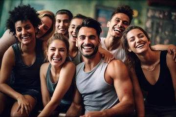 Fotobehang Fitness Fitness, laughing and friends at the gym for training, pilates class and happy for exercise at a club. Smile, sport in a group for a workout, cardio or yoga on a studio wall,