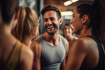 Fitness, laughing and friends at the gym for training, pilates class and happy for exercise at a club. Smile, sport in a group for a workout, cardio or yoga on a studio wall,