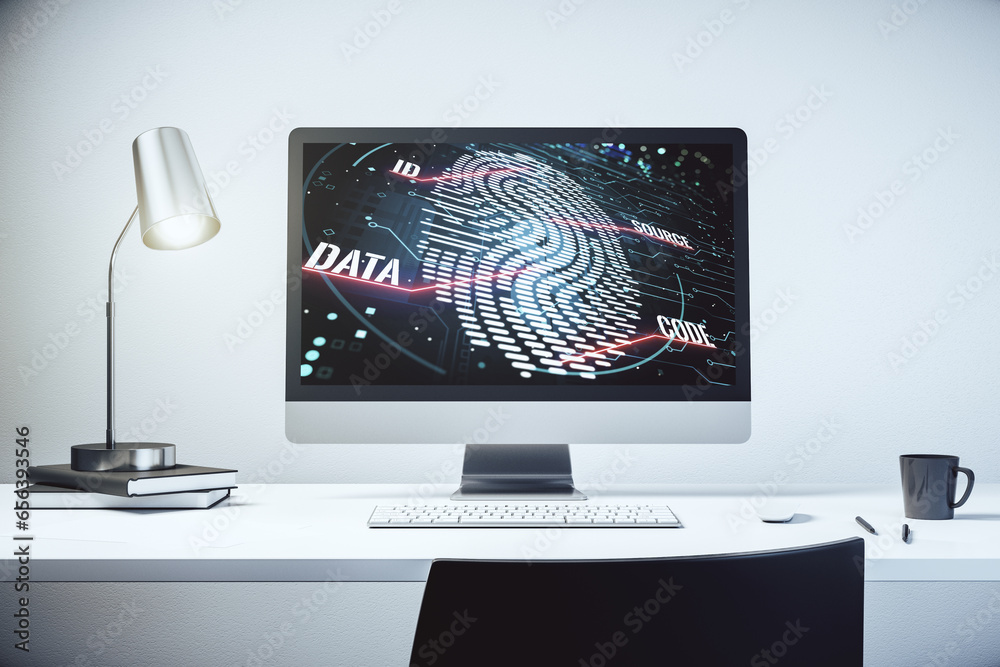 Fototapete Computer monitor with abstract fingerprint scan interface, digital access concept. 3D Rendering