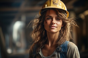 Hardworking Caucasian female builder wearing a hard hat at a construction site. Women in different professions