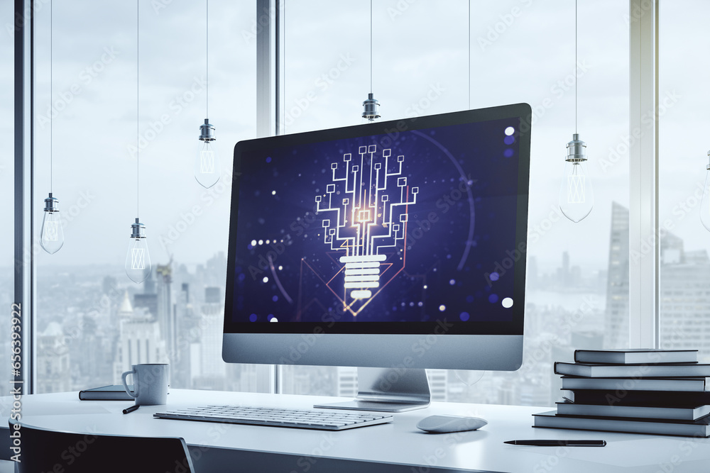 Poster Modern computer monitor with creative light bulb hologram and chip on laptop background, idea and brainstorming concept. 3D Rendering