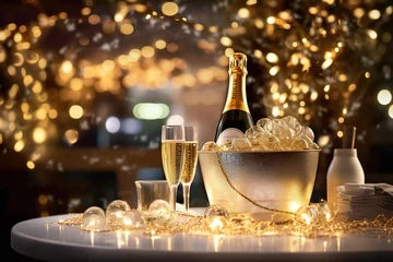 Foto op Plexiglas Luxury holiday composition, a bottle of chilled champagne in an ice bucket and glasses on the table in front of the seated people, festive lights in the background © arhendrix