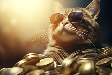cute cat with sunglasses and cash - obrazy, fototapety, plakaty