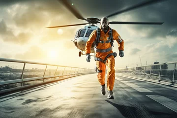 Poster Helicopter emergency medical service. Paramedic running to helicopter on heliport. Themes rescue, help and hope. © arhendrix