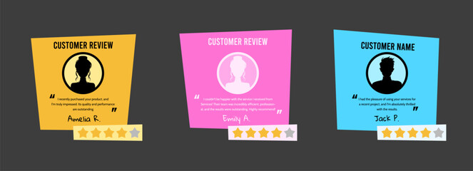Colorful customer service feedbacks with three vertical and square testimonials, photo placeholders, quotes and review text. Client testimonial social media post design. Vector illustration