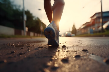 Close up athlete feet running on city road. Sport active lifestyle, fitness workout, wellness...