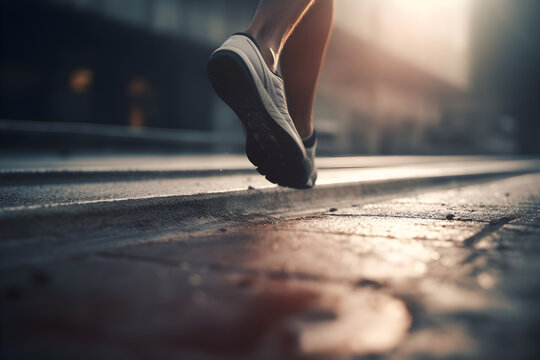 Close up athlete feet running on city road. Sport active lifestyle, fitness workout, wellness concept