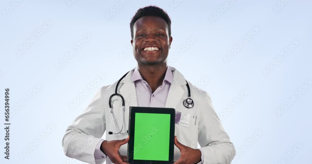 Canvas Prints Doctor, tablet green screen and happy black man with website design, hospital info or medical studio brand. Cardiology portrait, mockup data space and surgeon show clinic news on blue background