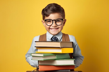 funny smiling child school girl with glasses hold books. Yellow background, Back to school