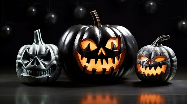 Black stylish Halloween pumpkins on festive background. Trick or treat decoration concept. Generative AI