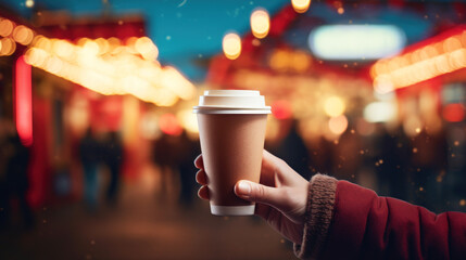 Hand with cup of hot drink at Christmas fair. Enjoying Christmas Market, blurred people in the streets and near stalls with bokeh light background. street evening city lights. 