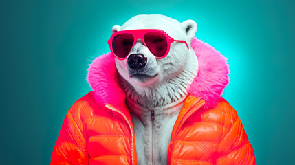 White Polar Bear standing in human DJ jacket wearing shades on a vibrant turquoise background.