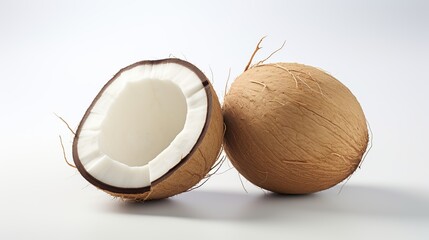 fresh coconut fruit isolated. whole coconut. half a coconut, sliced. white background. clipping path