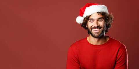 Festive Christmas Banner: Brunette Male Model in Santa Hat and Red Knitted Sweater