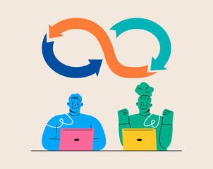 Developer team on a daily meeting. Devops software development methodology concept. Colorful vector illustration