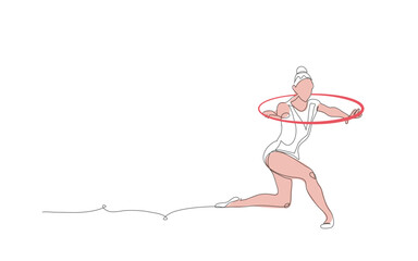 Rhythmic gymnastics. Woman with hoop. One continuous line art drawing of rhythmic gymnastics