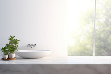 Empty marble table top with blurred bathroom interior background for product display. bathroom with bathtub and minimalist interior in background - obrazy, fototapety, plakaty