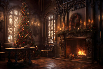 christmas tree decorations, santa claus with gifts, snowman in the snow, christmas gift boxes	