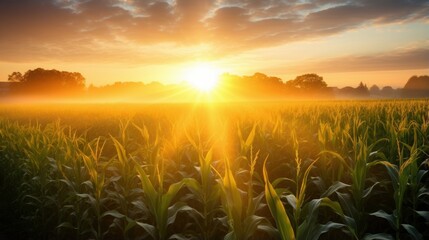 Sunrise over a cornfield at dawn