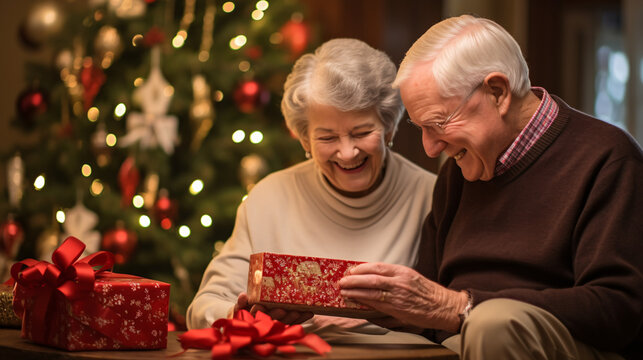 Joyful Senior Couple Unwrapping Christmas Gifts in Festive Roo