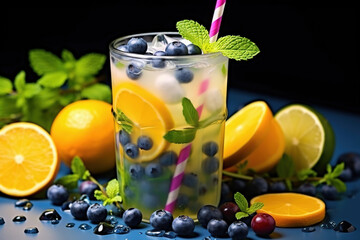 Cold summer lemonade with lime, orange, blueberries and mint, Cold drink of fresh lemonade