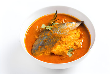 Fototapeta premium Fish curry in a bowl isolated on white background, food photography