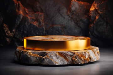 Luxurious golden mockup podium with rock-shaped base for product promotion 