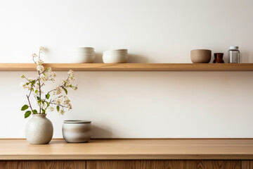 Minimal cozy counter mockup with bright wood top warm white wall and golden details; elegant kitchen interior in Japan style 