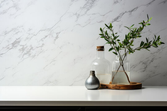 Minimal kitchen background with marble countertop and copy space; 3D mockup display 