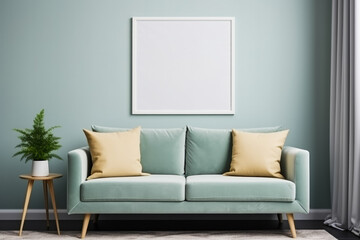 3D render of square frame poster on living room wall 