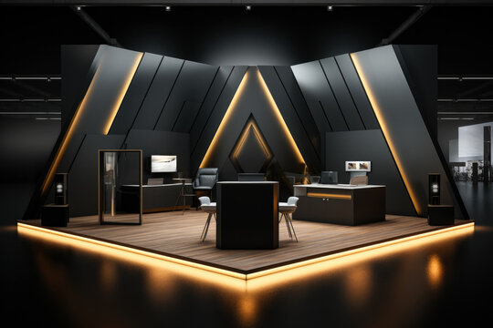 Luxury Exhibition Space With Dark Matte Pedestal Podium Stand And Light For Showcasing Branded Products 