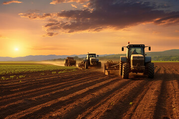 Fototapeta premium Agricultural workers with tractors. Ploughing a field with tractor at sunset