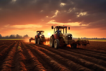Agricultural workers with tractors. Ploughing a field with tractor at sunset