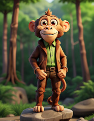 3D Rendering a cartoon character monkey in a forest  Ai Generate