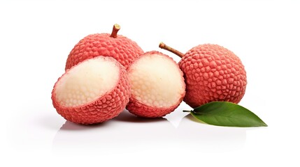 isolated lychee fruit. whole lychee fruit. half lychee, sliced. white background. clipping path