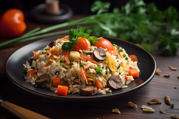 Fried rice with meat and vegetables in a plate on a black background, food photography, product presentation, product display, banner background - Powered by Adobe
