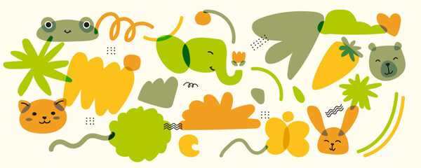 A set of trendy childrens items with animals. and natural objects. Bright colors with an overlay. Drawing with marker or riso print. Vector contemporary illustration in green and orange colors