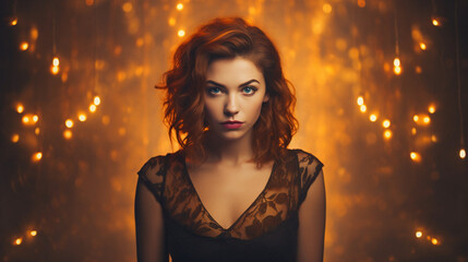 Beauty Serious Ginger Woman in Dress with Lights on Background