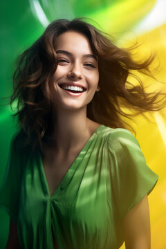 Joyful Woman with Brown Hair and Green Shirt on a Green Background, created by generative AI technology.