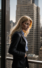 Fototapeta premium photo of serious office working woman with high rise building in background, generative AI
