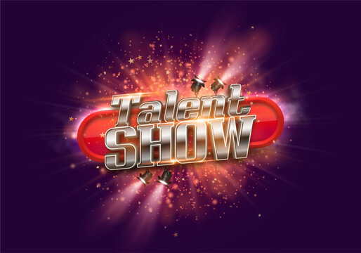 Bright Talent Show sign illuminated by spotlights. Vector illustration.