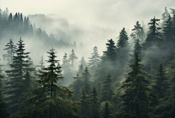 Foggy Pine Trees in Forest. landscape with mountains in Fog