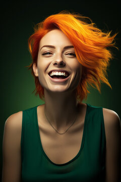 Joyful Woman with Orange Hair and Green Shirt on a Green Background, created by generative AI technology.