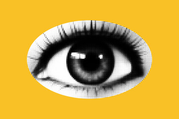 An eye cut out as if from a magazine. Isolated as png.. Vector halftone elements for collage on yellow background - obrazy, fototapety, plakaty